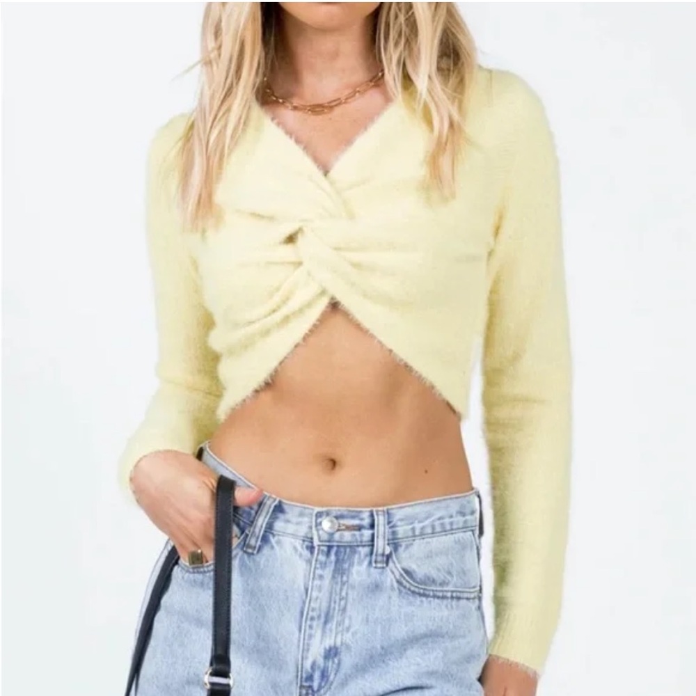 Soft Knit Twist-Front Crop Sweater — Pale Yellow